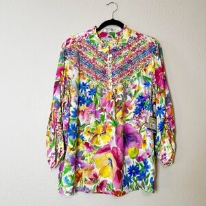 John Mark Boho Watercolor Floral Print Smocked Ruffle Trim Blouse Top NWT XL